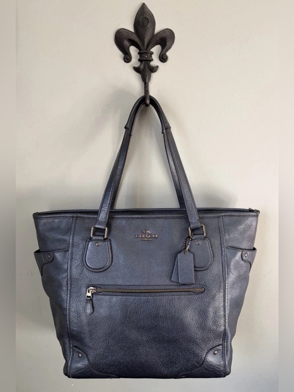 COACH Mickie Tote Shoulder Bag ~ Metallic Blue Leather/ Gunmetal Hardware Rivets